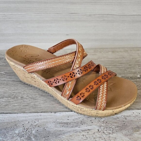 Skechers Shoes - Skechers Tiger Posse Luggage Slide Cork Wedge Vegan Strappy Sandals Beverlee 8